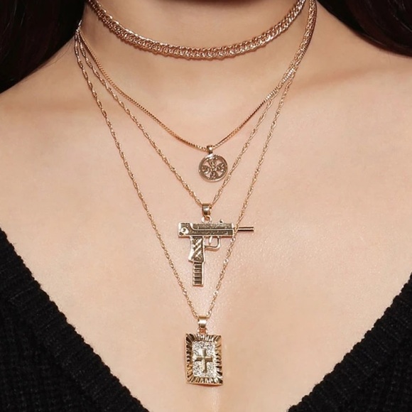 Jewelry - Layered Necklace Gun and Cross And Choker